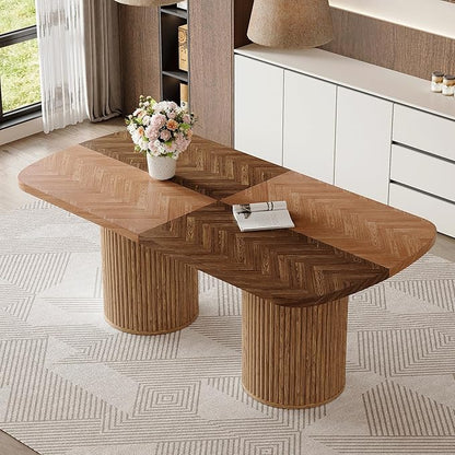 78.7" Extra Long Dining Table for 6-10 People, Farmhouse Kitchen Table with Cylindrical Fluted Bases, Modern Rectangular Dining Table for Dining Room, Kitchen, Living Room