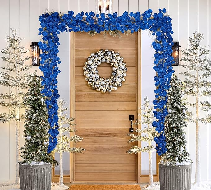 3 Pcs 6FT Christmas Garland Blue Glittered Artificial Eucalyptus Leaves for Mantle Christmas Tree Decorations Hanging Garland Ornaments Garden Table Shelf Door Window Wall Stair Holiday Home Decor