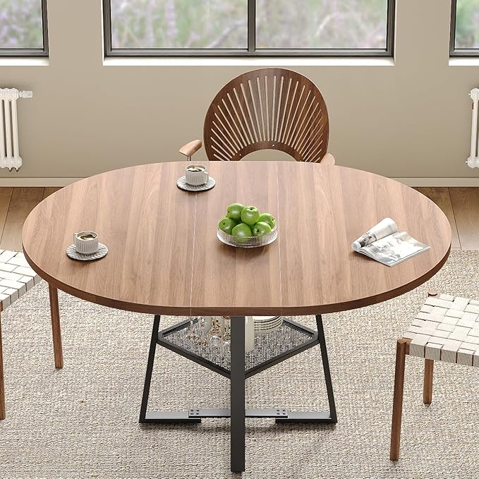 Extendable Round Dining Table for 4-8, 47 Inch Dining Room Table with Storage, Sturdy Metal Frame & Thickened Panel, Circle Dinner Tables for Dining Room, Kitchen, Living Room (Walnut)