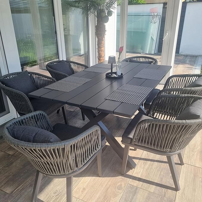 PURPLE LEAF 7 Pieces Patio Dining Table Set Wicker Outdoor Furniture Rectangular Table and Chairs Set for Garden Deck Aluminum Frame Backyard Kitchen Set, Cushions and Pillows Included Grey