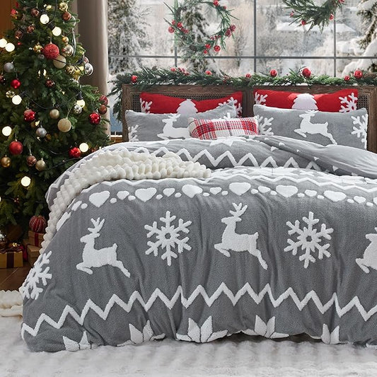 Bedsure Fluffy Christmas Duvet Cover Set - Ultra Soft Plush Shaggy Comforter Cover King Size, Warm Flannel Fleece Bed Sets for Winter, 3 Pieces, Reindeer Pattern, Grey