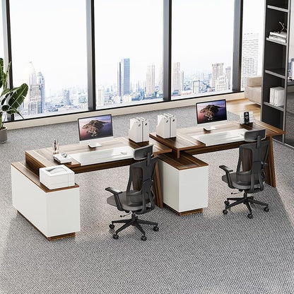LITTLE TREE 70.5-Inch Executive Desk, Large Home Office Desk with Storage Cabinet and Open Shelves, L-Shaped Computer Corner Desk, Workstation for Office Home, Walnut and Black