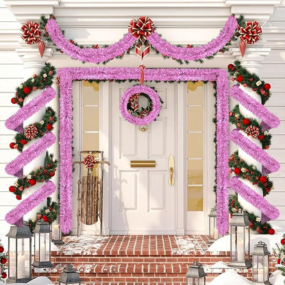 50 Ft Christmas Tinsel Garland Pink Thick Tinsel Garland Xmas Tree Decorations Metallic Tinsel Twist Garland for Christmas, Birthday, Party Decor Indoor Outdoor Party Supplies