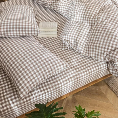 MooMee Gingham Duvet Cover Set 100% Washed Cotton Linen Like Textured Breathable Durable Soft Comfy Modern Checkered Design (Brown Gingham, Oversized Queen 98"x98")