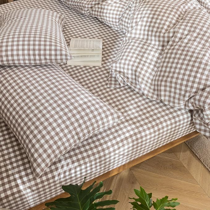 MooMee Gingham Duvet Cover Set 100% Washed Cotton Linen Like Textured Breathable Durable Soft Comfy Modern Checkered Design (Brown Gingham, Super King 108"x98")