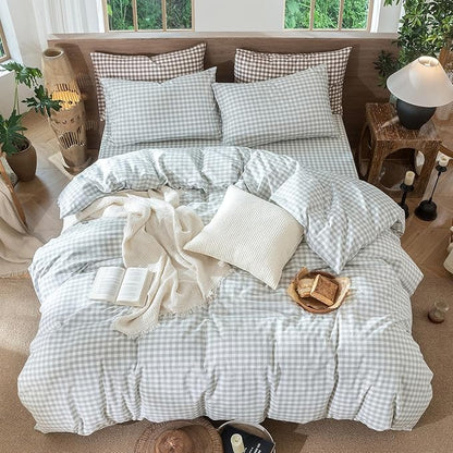 MooMee Gingham Duvet Cover Set 100% Washed Cotton Linen Like Textured Breathable Durable Soft Comfy Modern Checkered Design (Northern Droplet Grey Gingham, King 104"x90")