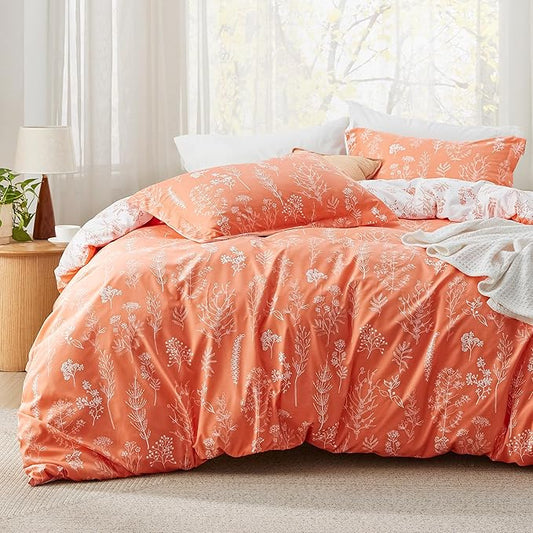 Bedsure King Comforter Set - Coral Orange Bed Set, 3 Pieces Cute Floral Bedding, 1 Soft Reversible Botanical Flowers Comforter and 2 Pillow Shams