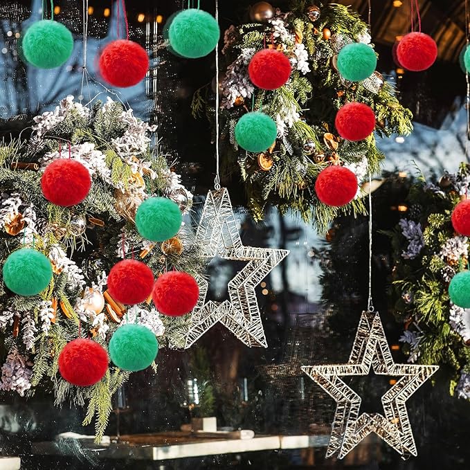 24 Pcs Red Green Fur Christmas Ornaments 3.15 Inch Pom Pom Ball Lime Green Hanging Decoration Fuzzy Fluffy Christmas Tree Decorations for Xmas Tree Wreath Home DIY Craft Gift Party Decor