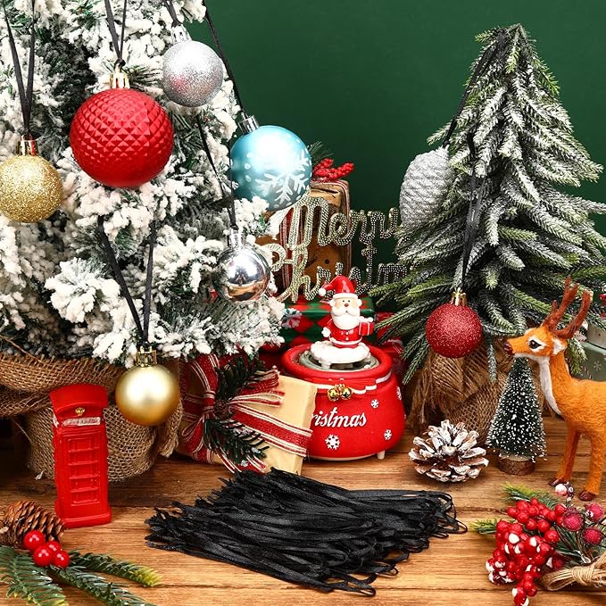 JUNEBRUSHS 300Pcs Christmas Ornament Ribbon Hangers, Hand Tied String Ties Ornament Loops Thin Ribbon for Ornaments Christmas Tree Hanging Decoration Black