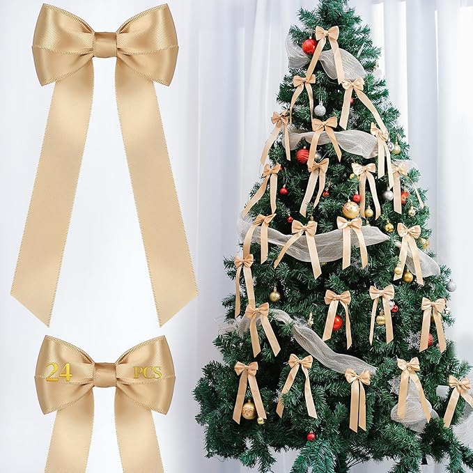 AYGXU 24pcs Christmas Bows Decor,Champagne Gold Bows for Gift Wrapping,Christmas Tree Decorations,Bow Decor,Double-Sided Ribbon Bow,Bag Ties Twists