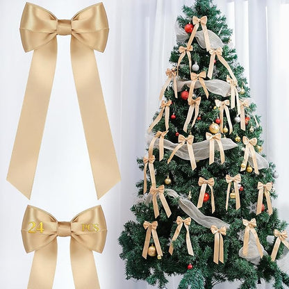 AYGXU 24pcs Christmas Bows Decor,Champagne Gold Bows for Gift Wrapping,Christmas Tree Decorations,Bow Decor,Double-Sided Ribbon Bow,Bag Ties Twists