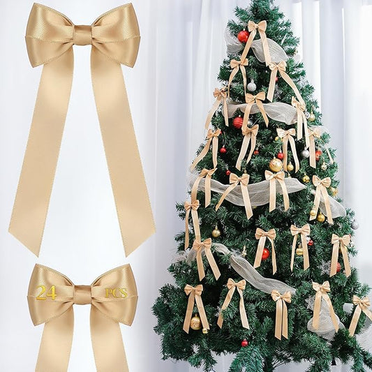 AYGXU 24pcs Christmas Bows Decor,Champagne Gold Bows for Gift Wrapping,Christmas Tree Decorations,Bow Decor,Double-Sided Ribbon Bow,Bag Ties Twists