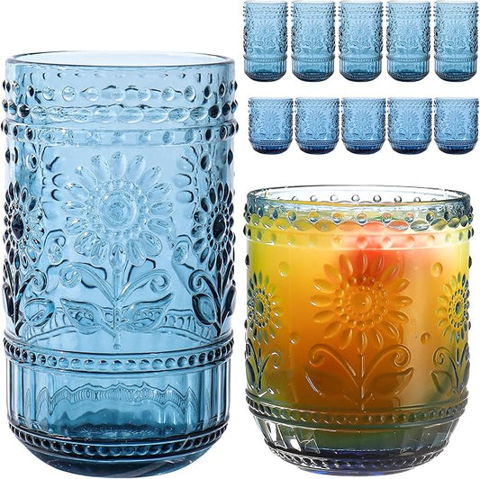 Blue Drinking Glasses Set of 12, 16 Oz Highball & 13 Oz Cocktail Glasses, Blue Kitchen Vintage Glassware Set, Floral Embossed Glass Tumbler Cups for Juice, Beer, Water, Whiskey, Coffee