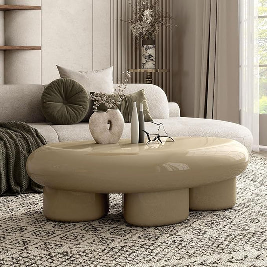 24/7 Shop at Home Kavren Modern 37-inch Oval Glossy Low Profile Coffee Table, Stone Shape Living Room Furniture for Small Space, Light Brown