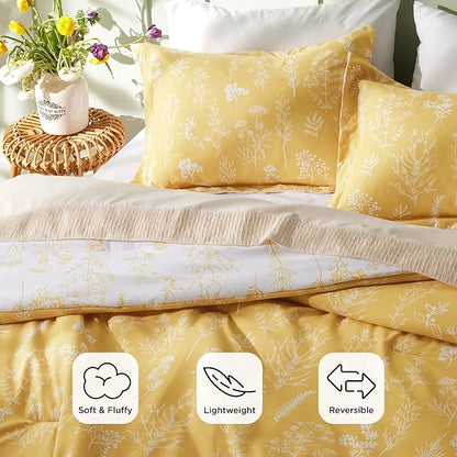 Bedsure Twin/Twin XL Comforter Set - Yellow Bed Set, 2 Pieces Cute Floral Bedding, 1 Soft Reversible Botanical Flowers Comforter and 1 Pillow Sham