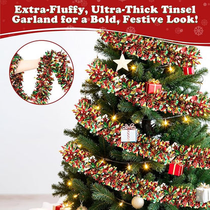 50FT Christmas Tinsel Garland, Red Green&Gold Metallic Twist Shiny Hanging Garland Ornaments for Christmas Tree, Party Supplies Thick Metallic Xmas Streamers