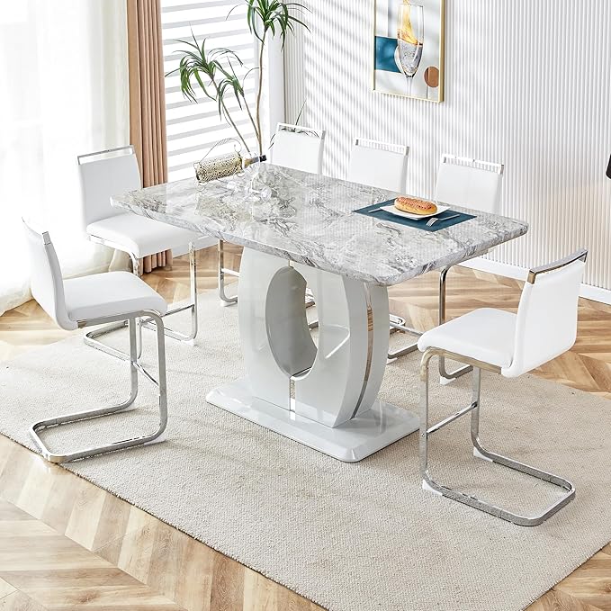 Bar Stools Set of 6,25" Counter Height Bar Stools with Footrest,White Faux Leather Kitchen Stools with Chrome Plated Metal Leg,Counter Height Stools Ideal for Island Pub Kitchen Counter Dining Chair