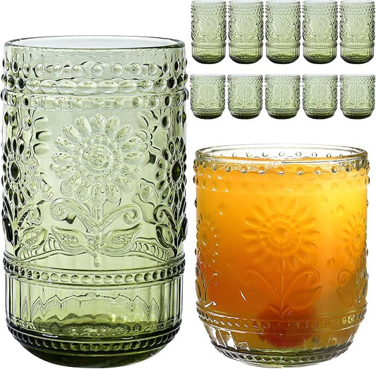 Green Drinking Glasses Set of 12, 16 Oz Highball & 13 Oz Cocktail Glasses, Green Kitchen Vintage Glassware Set, Floral Embossed Glass Tumbler Cups for Coffee, Beer, Water, Whiskey, Juice