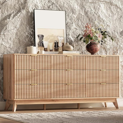 63'' Wide 9 Drawers Dressers for Bedroom, Modern Fluted Chest with Arc Corners, Large Wooden Dresser TV Stand, Wood Closet Clothes Storage Organizer for Living Room, Natural Wood