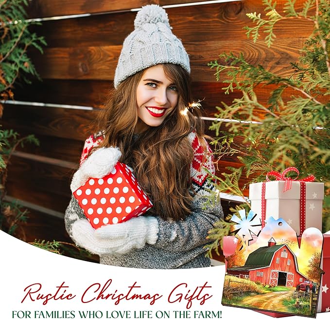 OASSIE Christmas Farmer Gifts for Women Men - Wooden Rustic Farmhouse Ornaments for Tree Decorations - Red Barn Rustic Gifts for Farmers, Farmhouse Christmas Decor, Xmas Gift for Farmer