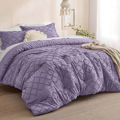 Bedsure Queen Comforter Set - Grayish Purple Comforter, Boho Tufted Shabby Chic Bedding for Kids, 3 Pieces Vintage Farmhouse Bed Set for All Seasons, Fluffy Soft Bedding with 2 Pillow Shams