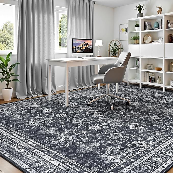 Lofus 9x12 Area Rug for Living Room,Black Washable Area Rugs with Non-Slip Backing,Soft Boho Carpets for Bedroom Dining Room Home Office Indoor Nursery