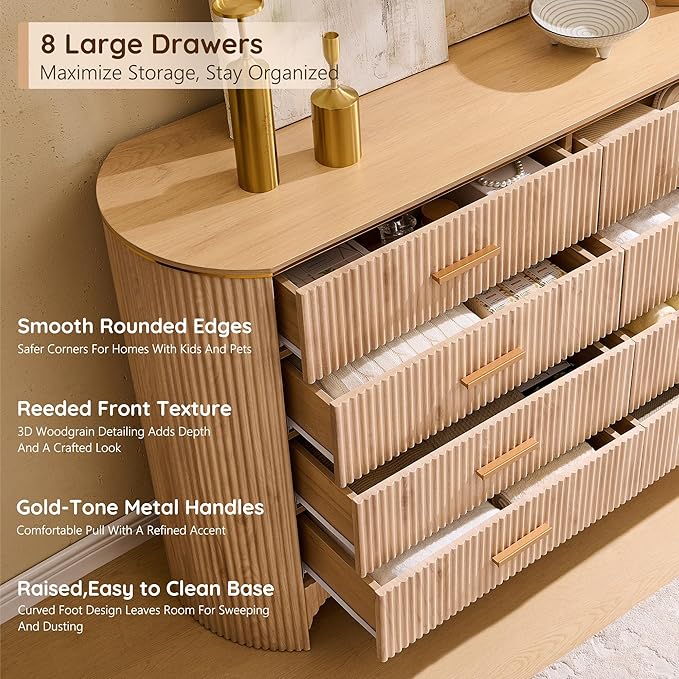 Fluted 8 Drawer Dresser for Bedroom with Curved Profile Design,53.9" W Wide Chest of Drawers with Reeded Front Panels,Wide Storage Cabinet with Smooth-Glide Drawers for Living Room,Light Oak
