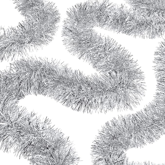 WILLBOND 50 ft Christmas Tinsel Garland Metallic Tinsel Twist Garland Christmas Tree Decorations New Year Wedding Birthday Hanging Decorations Party Supplies, 3 Inch(Silver)