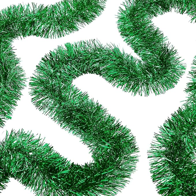 WILLBOND 50 ft Christmas Tinsel Garland Metallic Tinsel Twist Garland Christmas Tree Decorations New Year Wedding Birthday Hanging Decorations Party Supplies, 3 Inch(Green)