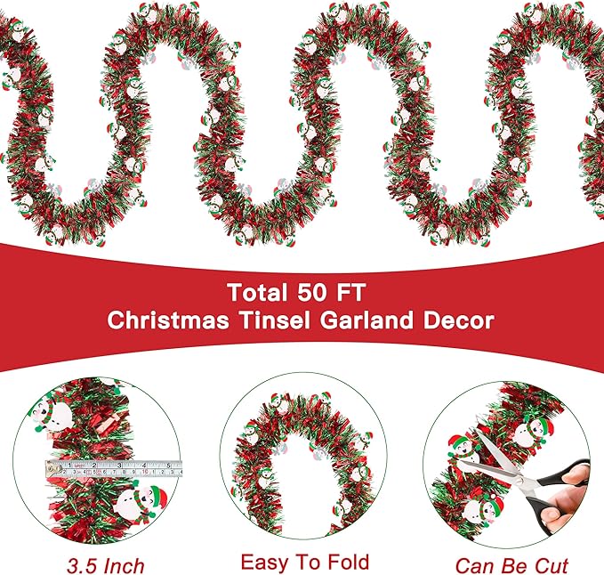 50FT Red Green Christmas Tinsel Garland with Snowman Ornaments, Metallic Twist Shiny Xmas Garland for Tree Decorations Fireplace Mantel Home Office Stair Party Outdoor Indoor Holiday Decor