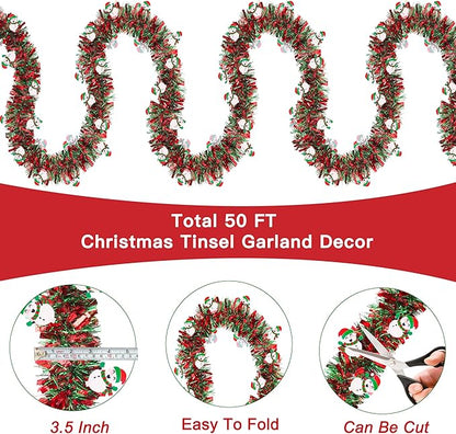 50FT Red Green Christmas Tinsel Garland with Snowman Ornaments, Metallic Twist Shiny Xmas Garland for Tree Decorations Fireplace Mantel Home Office Stair Party Outdoor Indoor Holiday Decor