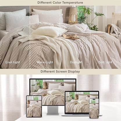 MooMee Striped Duvet Cover Set 100% Washed Cotton Linen Like Textured Breathable Durable Soft Comfy (Orange Classic Stripes, Full 80"x90")