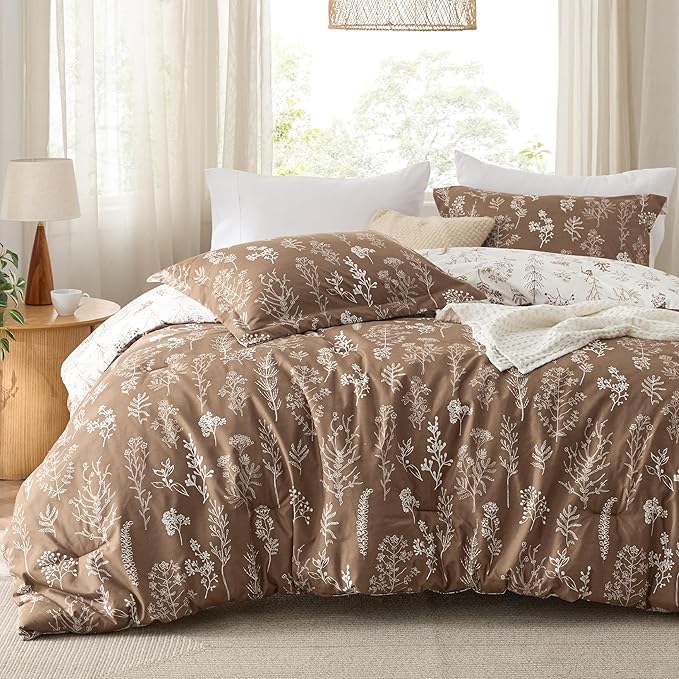 Bedsure King Comforter Set - Brown Bed Set, 3 Pieces Cute Floral Bedding, 1 Soft Reversible Botanical Flowers Comforter and 2 Pillow Shams