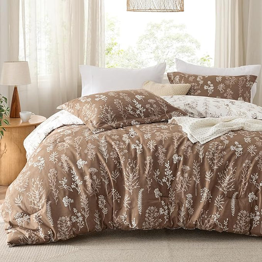 Bedsure Full Comforter Set - Brown Bed Set, 3 Pieces Cute Floral Bedding, 1 Soft Reversible Botanical Flowers Comforter and 2 Pillow Shams