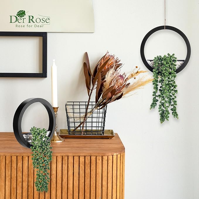Der Rose 2 Pack Fake Plants Hanging Artificial Succulents Plants in Black Pots for Living Room Bathroom Accessories Boho Farmhouse Wall Decor