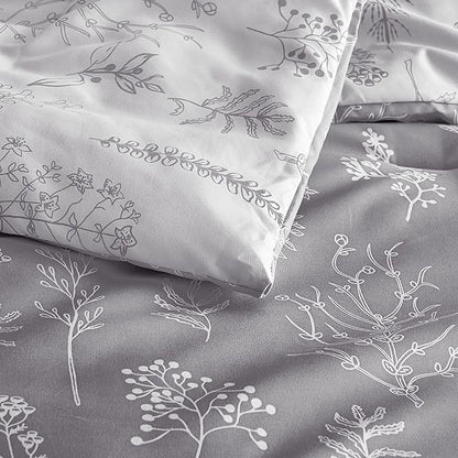 Bedsure Queen Comforter Set - Grey Bed Set, 3 Pieces Cute Floral Bedding, 1 Soft Reversible Botanical Flowers Comforter and 2 Pillow Shams
