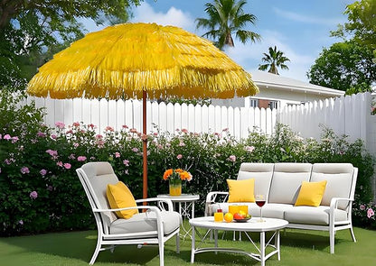 AMMSUN 7.5ft Hula Thatched Tiki Patio Beach Umbrella Hawaiian Style 10 Ribs UPF 50+ with Tilt Carry Bag for Outdoor Tiki Bar, Tropical Palapa, Patio Garden Beach Pool Backyard Yellow