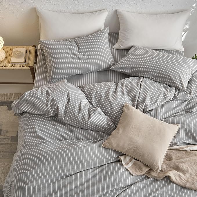 MooMee Striped Duvet Cover Set 100% Washed Cotton Linen Like Textured Breathable Durable Soft Comfy (Light Grey White Wide Stripes, Oversized King Plus 128"x120")