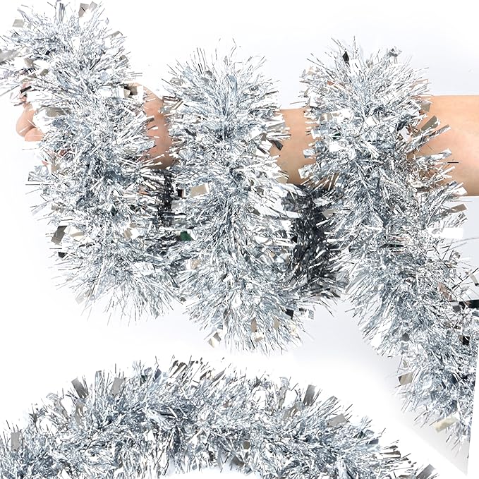 50 Feet Silver Christmas Tinsel Garland for Christmas Tree Decorations, Metallic Twist Shiny Tinsel Hanging Xmas Garlands for Stairs Mantle Fireplace Home Indoor Outdoor Holiday Party Suppliers Decor
