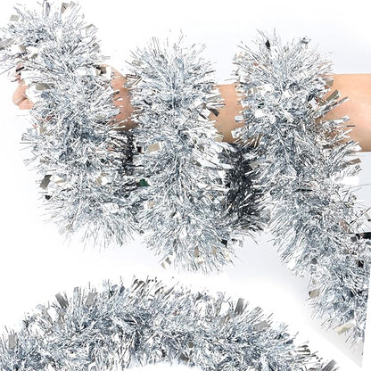 50 Feet Silver Christmas Tinsel Garland for Christmas Tree Decorations, Metallic Twist Shiny Tinsel Hanging Xmas Garlands for Stairs Mantle Fireplace Home Indoor Outdoor Holiday Party Suppliers Decor