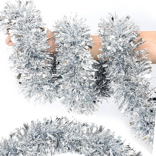 50 Feet Silver Christmas Tinsel Garland for Christmas Tree Decorations, Metallic Twist Shiny Tinsel Hanging Xmas Garlands for Stairs Mantle Fireplace Home Indoor Outdoor Holiday Party Suppliers Decor