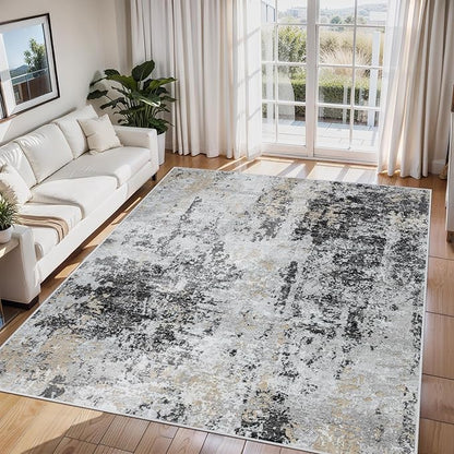 6x9 Area Rugs for Living Room Rug Washable: Abstract Rug for Dining Room Bedroom Carpet Non Slip 6 by 9 Indoor Modern Nursery Home Office Black Grey Gold