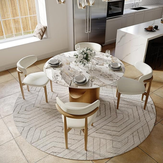 POVISON Round Glossy Pandora Dining Table for 4, 51" Sintered Stone Tabletop Dining Table with Bronze Carbon Steel Pedestal (Table Only)