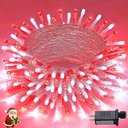 JMEXSUSS Connectable Red and White Christmas Lights, 8 Modes 100 LED Twinkle String Lights Indoor, Clear Wire Plug-in Christmas String Lights Outdoor Waterproof