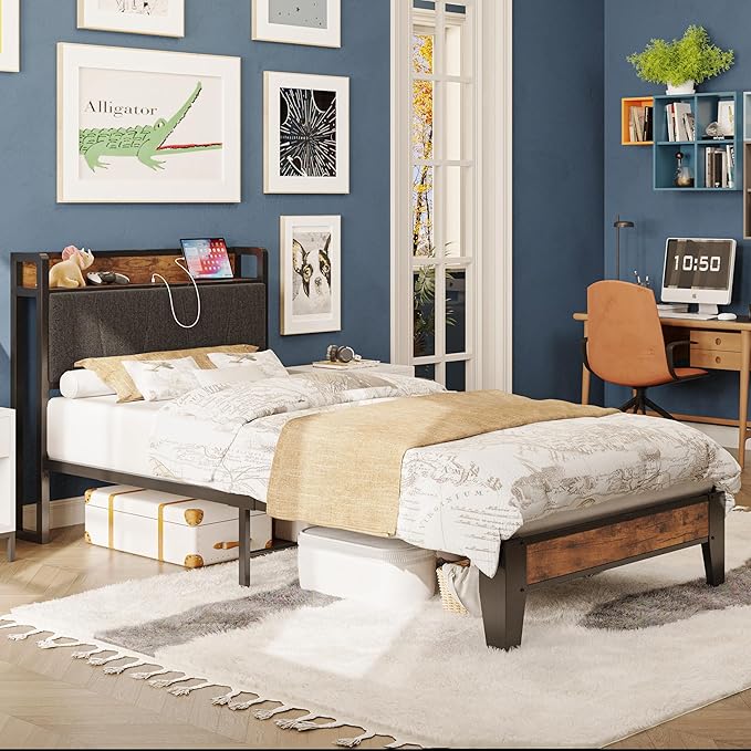 LIKIMIO Twin XL Bed Frames, Storage Headboard with Charging Station, Solid and Stable, Noise Free, No Box Spring Needed, Easy Assembly