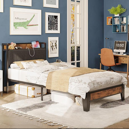 LIKIMIO Twin XL Bed Frames, Storage Headboard with Charging Station, Solid and Stable, Noise Free, No Box Spring Needed, Easy Assembly