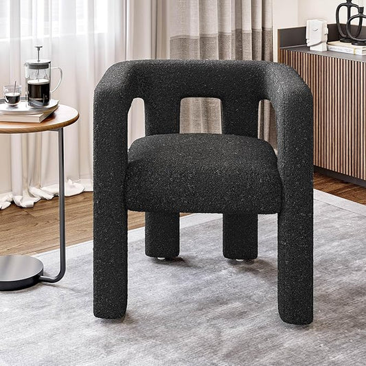 BELLEZE Modern Boucle Barrel Dining Chair, Upholstered Linen Kitchen Boucle Armchair with Sidearms and Back, for Dining Room Living Room- Black