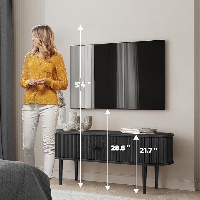 WERMO 55’’ Black TV Stand with Storage and Shelves for 32-60 Inch TVs. Black Entertainment Center with Doors for Living Room and Bedroom, Mid Century Modern Console Table, Media Cabinet (Black Oak)