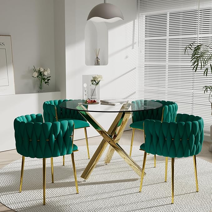 Golden Round Glass Dining Table Set for 4, 39'' Clear Dinner Table Set, 5 Pieces Modern Luxury Circle Kitchen Table and Green Woven Chairs Set, Minimalist Circular Dinette Set, for Small Place
