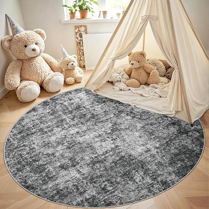 Round Rug 6ft Circle Rug Washable: Carpet Small Circular Area Rug for Entryway Kitchen Bedroom Dining Room Living Room 6 Feet Abstract College Dorm Non Slip Low Pile Black Grey